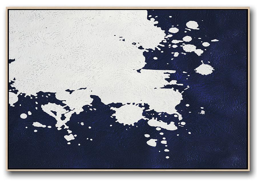 Horizontal Abstract Painting Navy Blue Minimalist Painting On Canvas - Painting Prints For Sale Extra Large